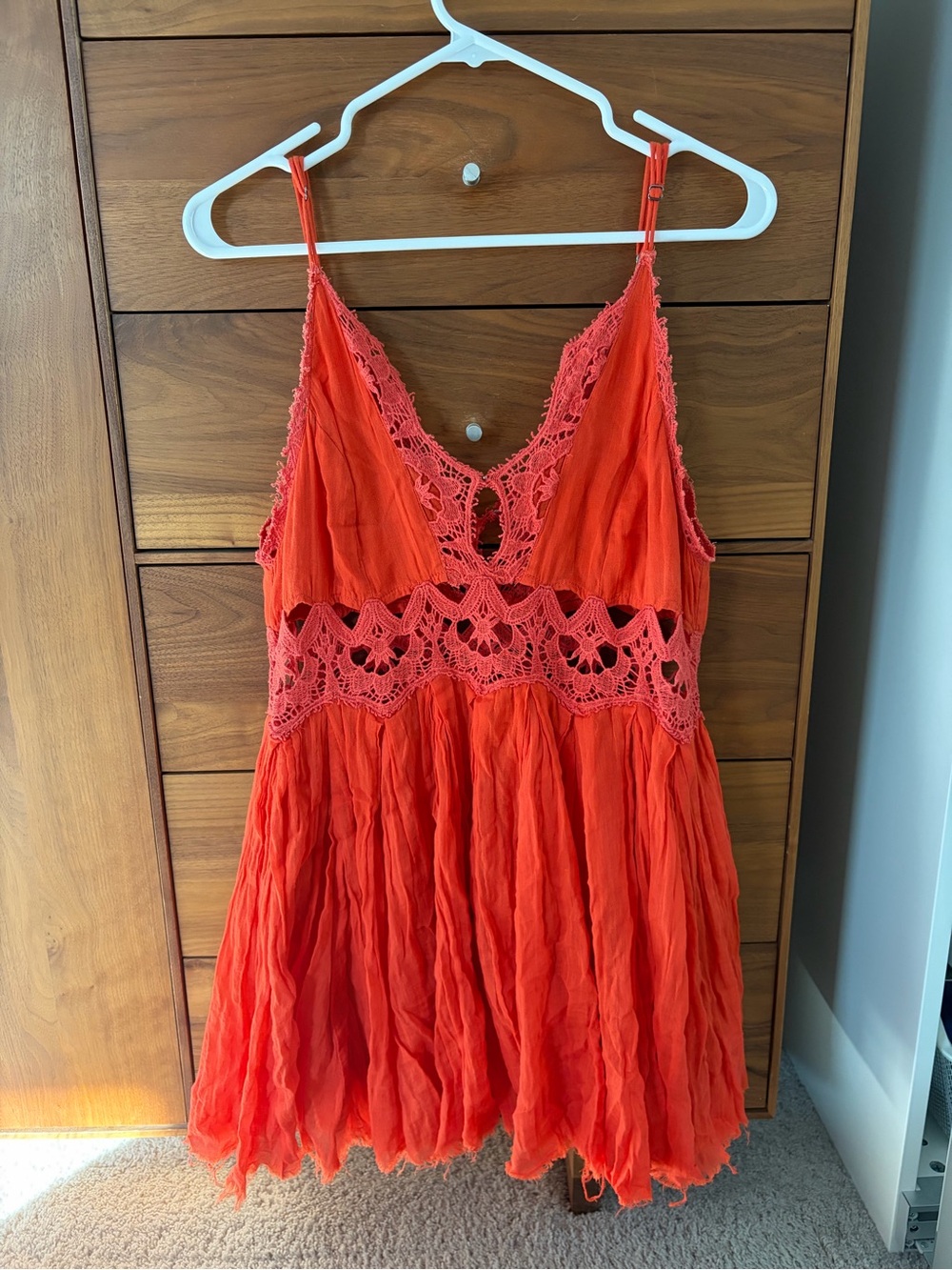 Free People Coral Red Lace-Trim Mini Dress